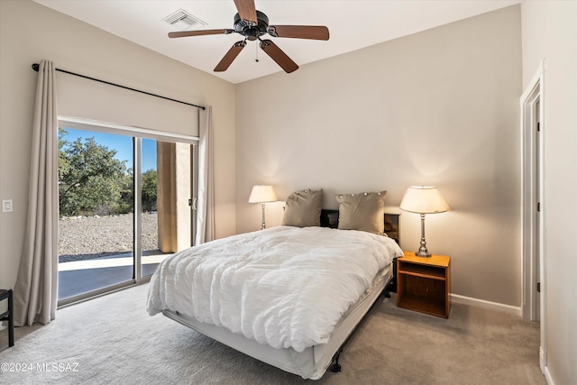 carpeted bedroom with access to outside and ceiling fan