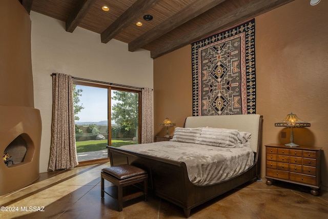 bedroom featuring wooden ceiling, access to exterior, and beam ceiling