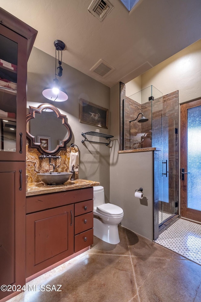 bathroom with walk in shower, vanity, backsplash, and toilet