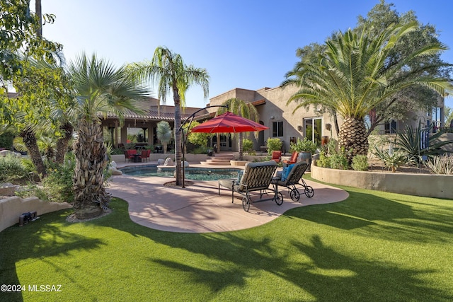 surrounding community featuring a gazebo, a pool, a lawn, and a patio