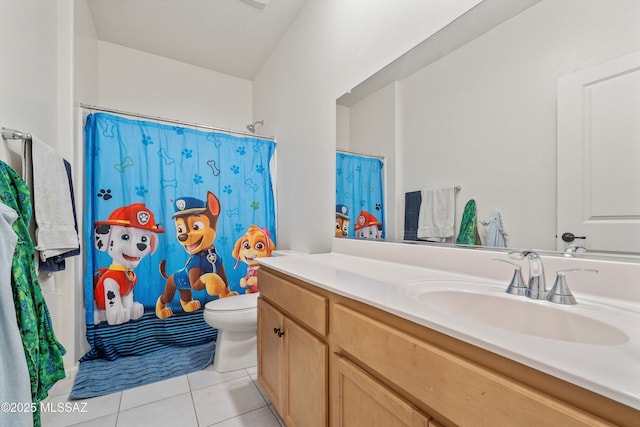 full bath with tile patterned floors, vanity, curtained shower, and toilet