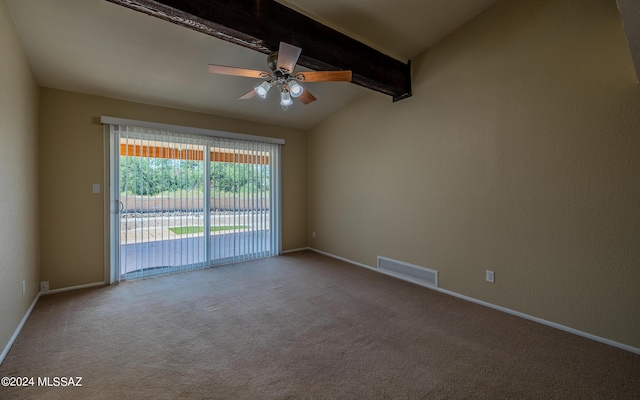 carpeted spare room featuring lofted ceiling with beams and ceiling fan