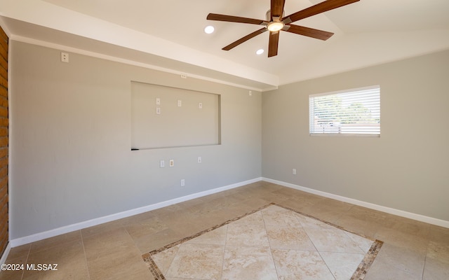 unfurnished room with ceiling fan, light tile patterned floors, and vaulted ceiling