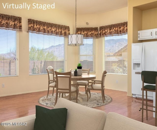 dining space featuring baseboards, light wood finished floors, and a healthy amount of sunlight