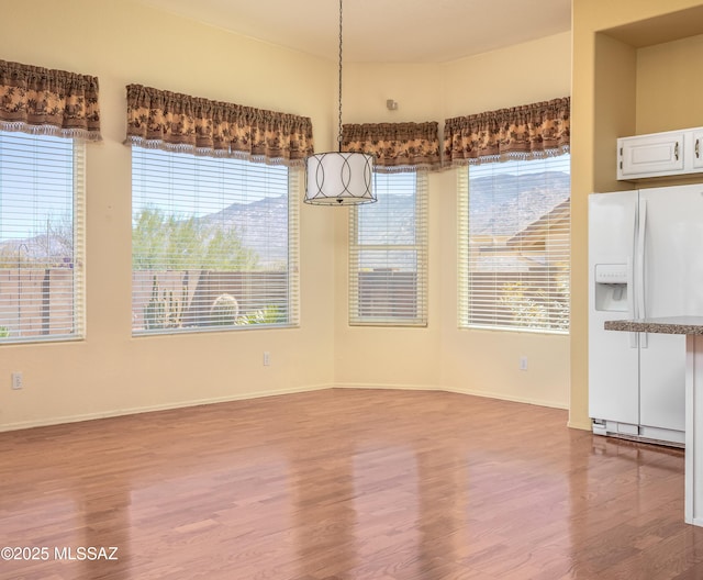 unfurnished dining area featuring baseboards, a healthy amount of sunlight, and wood finished floors