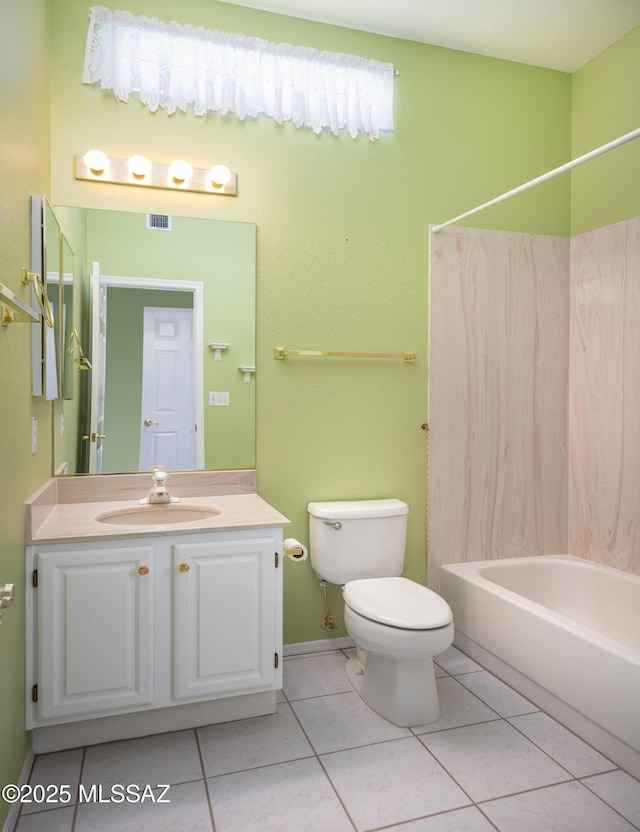bathroom with tile patterned flooring, shower / bathing tub combination, toilet, and visible vents