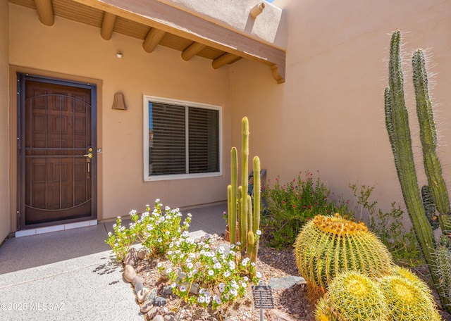 entrance to property with stucco siding