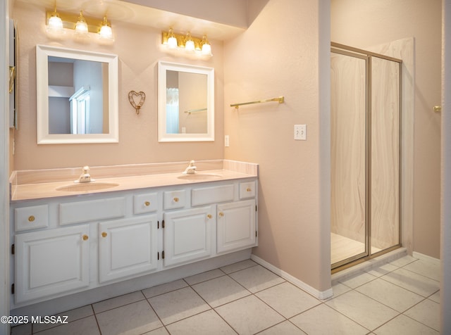 bathroom featuring a shower stall and tile patterned flooring