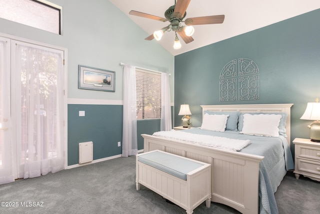 bedroom with high vaulted ceiling, light carpet, and ceiling fan