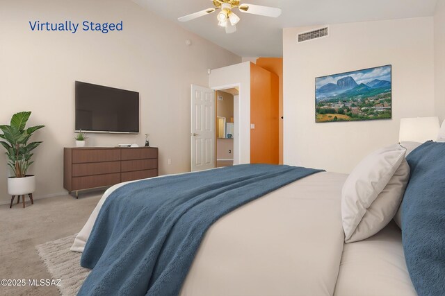 10187 E Watson Dr, Tucson, AZ 85730 - bedroom with carpet floors, vaulted ceiling, and ceiling fan