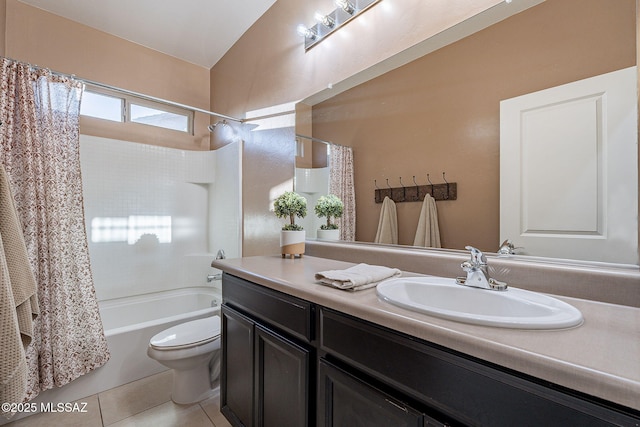 full bathroom with tile patterned flooring, vanity, shower / bath combination with curtain, and toilet