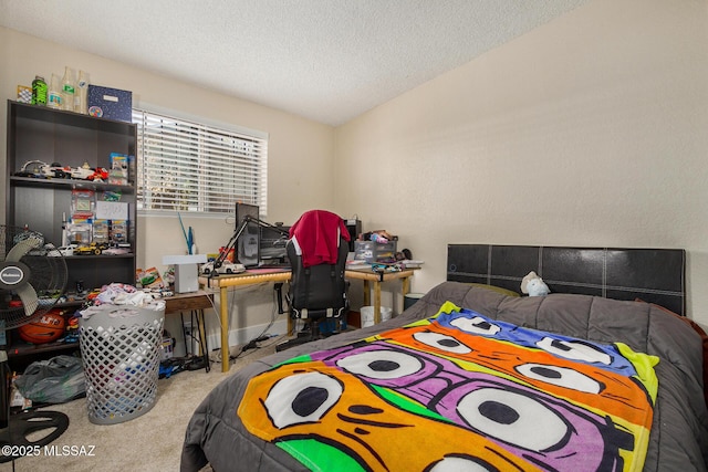 carpeted bedroom with a textured ceiling