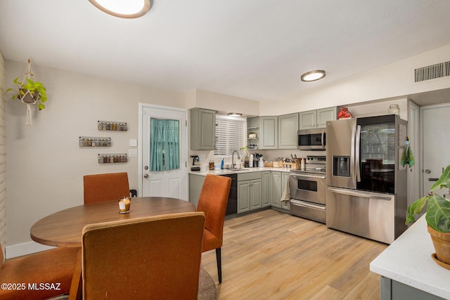 kitchen featuring appliances with stainless steel finishes, light hardwood / wood-style floors, gray cabinets, and sink