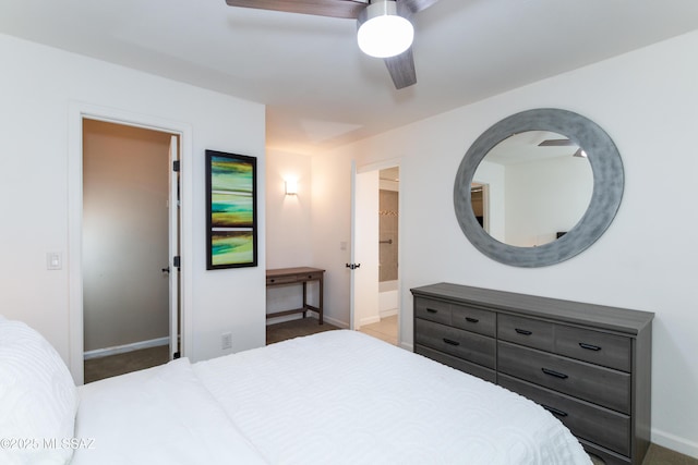 bedroom featuring ceiling fan and connected bathroom