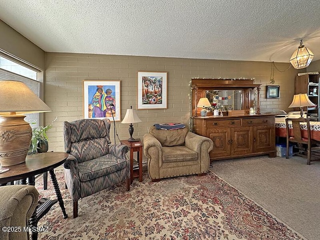 carpeted living room featuring a textured ceiling