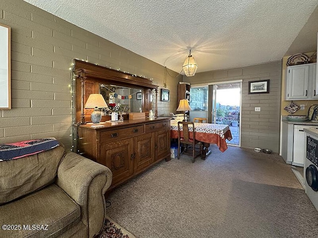 bedroom with access to exterior, a textured ceiling, light colored carpet, and washer / clothes dryer