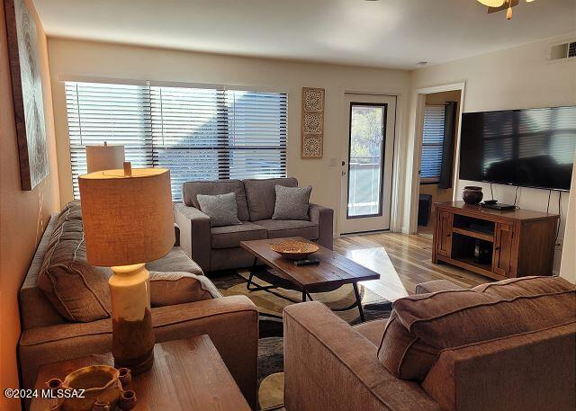 living room with plenty of natural light, ceiling fan, and light wood-type flooring