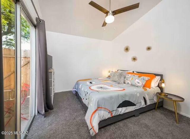 carpeted bedroom featuring ceiling fan and vaulted ceiling