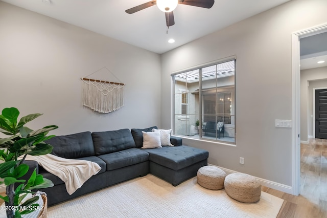 living room with ceiling fan and wood-type flooring