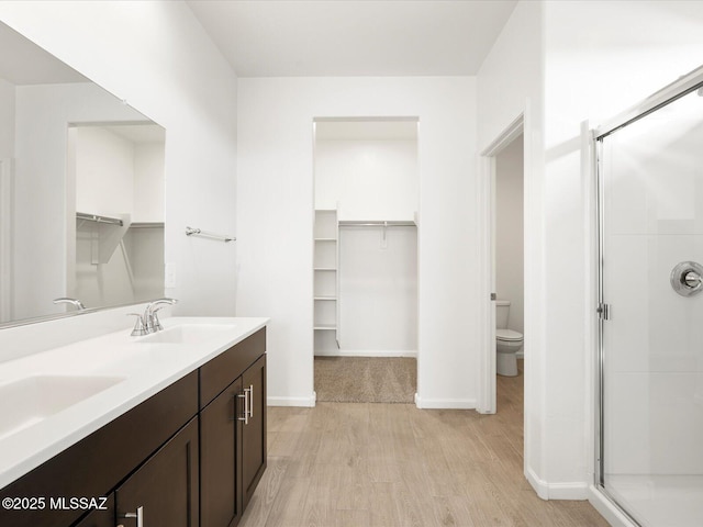 bathroom featuring a sink, a shower stall, and a spacious closet