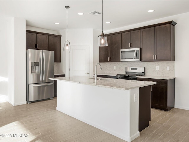 kitchen with stainless steel appliances, visible vents, backsplash, a sink, and dark brown cabinets