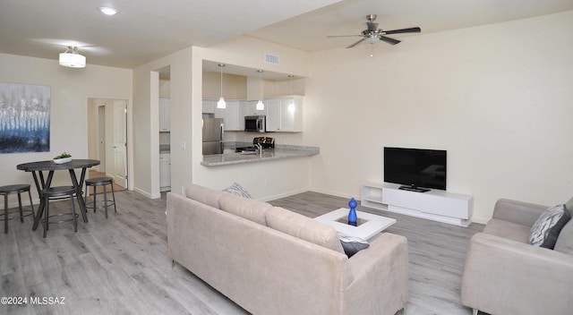 living room with hardwood / wood-style flooring and ceiling fan