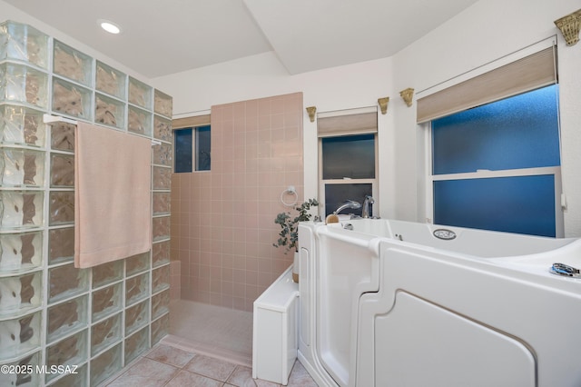 63111 E Mountain Crest Dr, Tucson, AZ 85739 - bathroom with walk in shower, tile patterned floors, a garden tub, and recessed lighting
