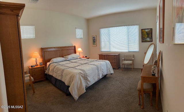 bedroom featuring dark carpet