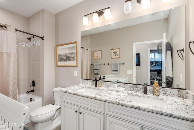 full bathroom with vanity, toilet, and shower / bathtub combination with curtain