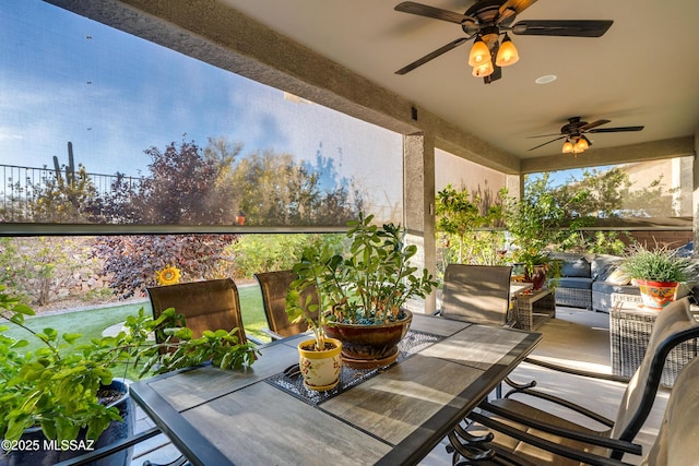 balcony with a patio, an outdoor hangout area, and ceiling fan