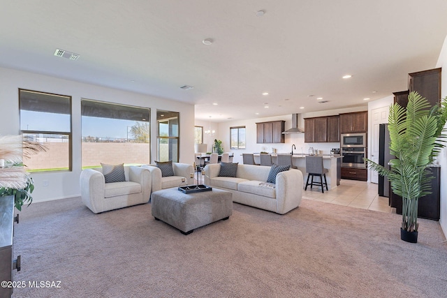 living room with light carpet