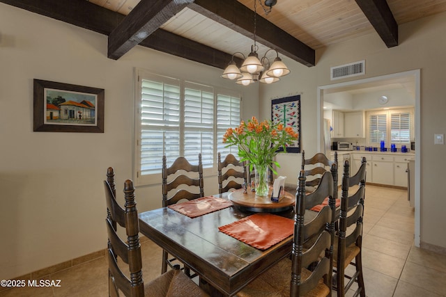 tiled dining room with beamed ceiling, wood ceiling, and a notable chandelier