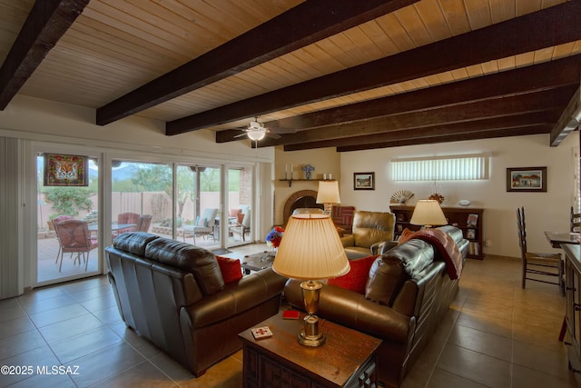 tiled living room featuring wood ceiling, ceiling fan, and beam ceiling