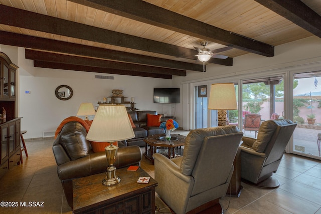 living room featuring beam ceiling, wooden ceiling, ceiling fan, and tile patterned floors