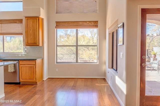 kitchen with stainless steel dishwasher, light hardwood / wood-style flooring, a high ceiling, and tasteful backsplash