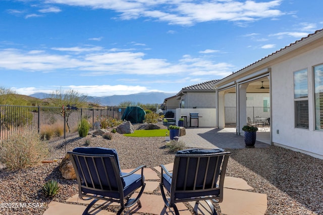 view of patio featuring a mountain view