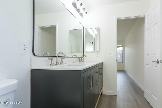 bathroom featuring double vanity, wood finished floors, baseboards, and a sink