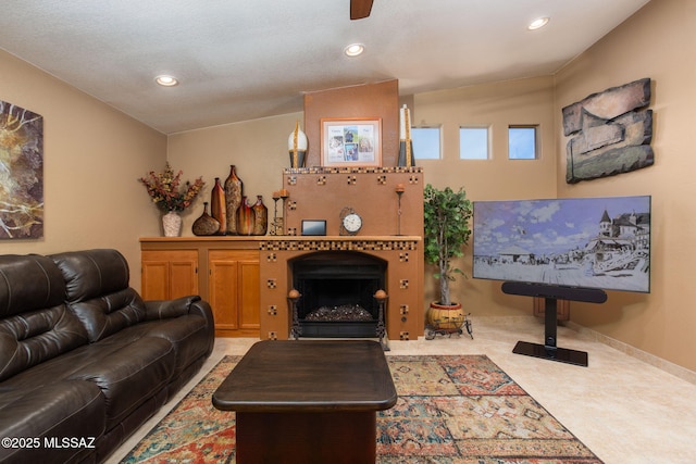 living room with light colored carpet, lofted ceiling, and a textured ceiling