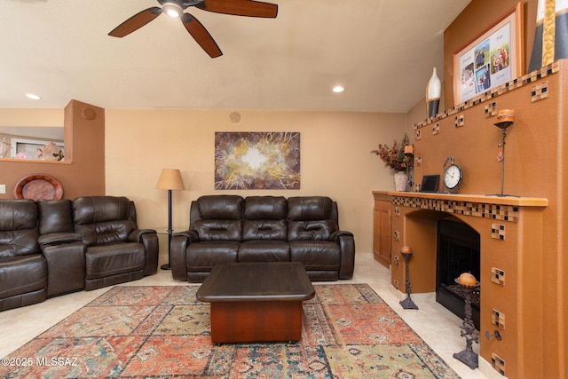 living room featuring ceiling fan