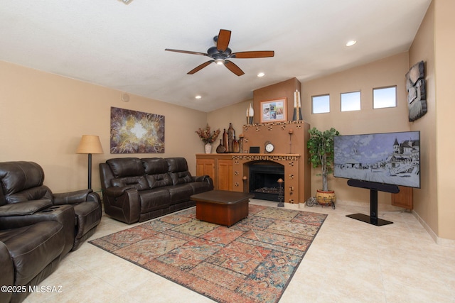 tiled living room with ceiling fan