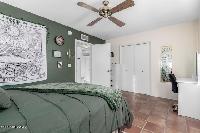 bedroom featuring ceiling fan and a closet