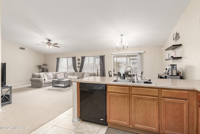 kitchen with light carpet, ceiling fan with notable chandelier, sink, decorative light fixtures, and dishwasher