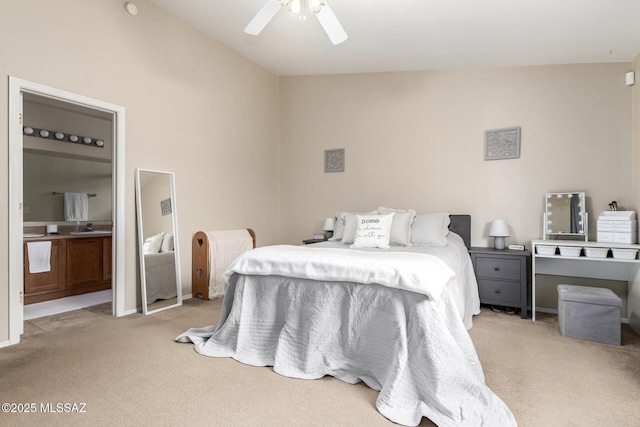 bedroom featuring light colored carpet and ceiling fan