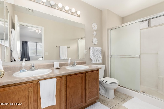 bathroom with vanity, tile patterned floors, ceiling fan, toilet, and walk in shower