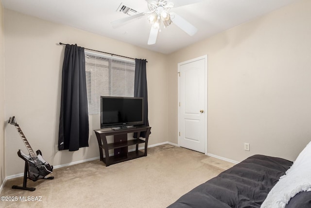 living room with light carpet and ceiling fan