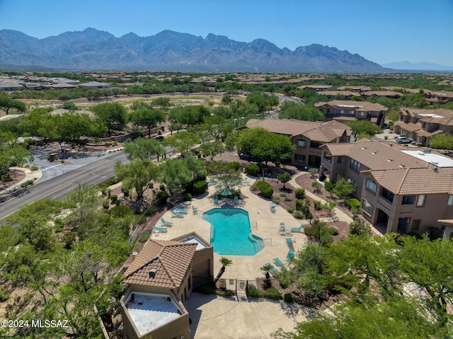 drone / aerial view featuring a mountain view