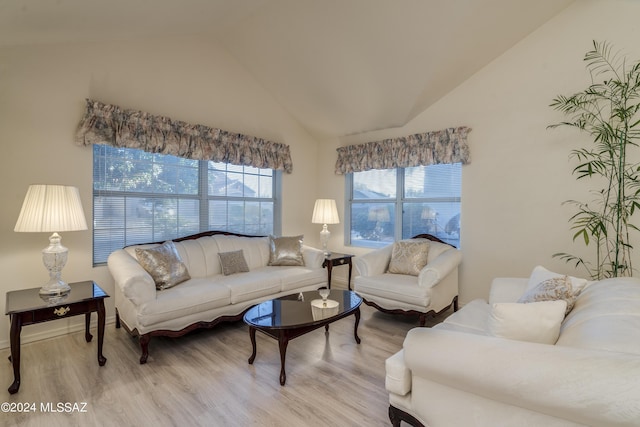 living room with light hardwood / wood-style flooring and high vaulted ceiling