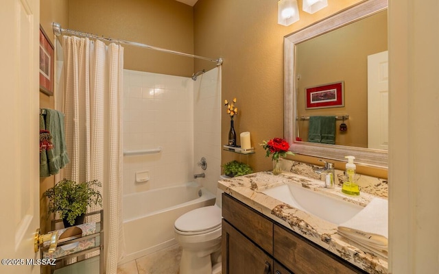 full bathroom featuring tile patterned floors, vanity, toilet, and shower / bathtub combination with curtain