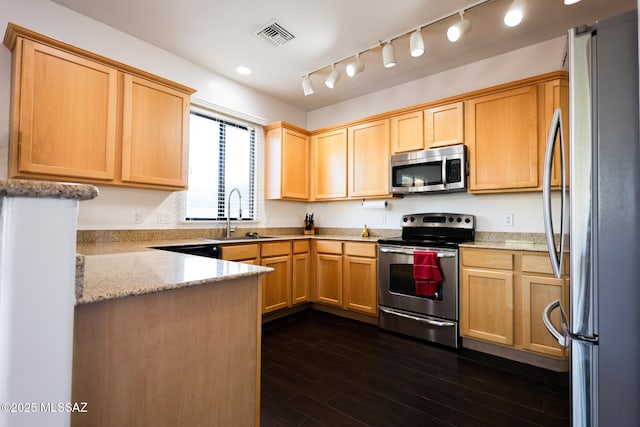 kitchen featuring a sink, stainless steel appliances, dark wood finished floors, and light brown cabinets