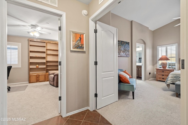 bedroom featuring a walk in closet, ceiling fan, carpet floors, and multiple windows